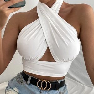 Shein Solid Cross Crop Halter Top
